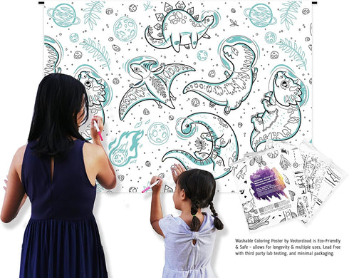 Vectorcloud Washable Coloring Poster, Jumbo XXL 54" x 40", Reusable, Tear & Wrinkle Resistant, Coloring Mat (Dinosaurs,