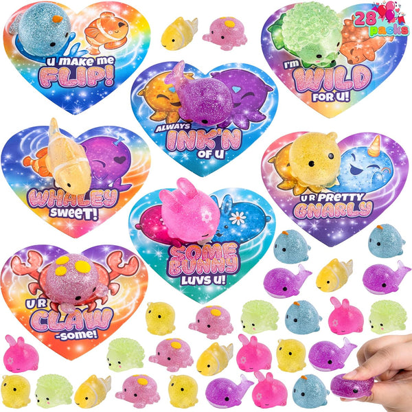 JOYIN 28 PCS Valentines Day Gift Cards with Glitter Mochi Squishy Toys,