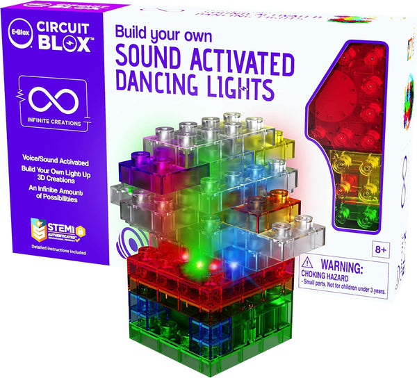 E-BLOX Build Your Own Sound Activated Dancing Lights STEM Kit, Voice Reacting Building Blocks Circuit Toy Set for Kids