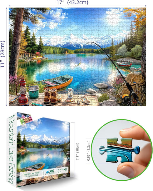 300 300 17"x11" Lake Mountain Fishing Camp Piece Puzzle for Adults, Fun Puzzles for Adults Pieces with HD Print