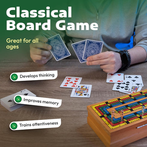 Set 4 24 Cribbage Board Game with Storage Wooden Track Cribbage Board for Players with Metal Pegs & Playing Cards