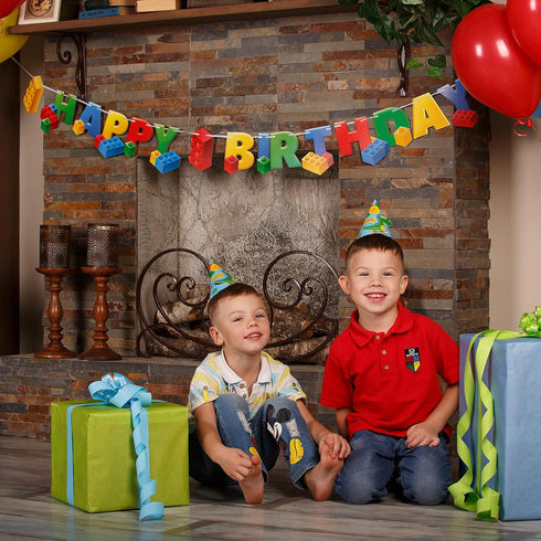 Aliza Premium Party Supplies 7-feet Building Block Birthday Party Supplies Banner by Aliza | Baby Boy Toddler Kids