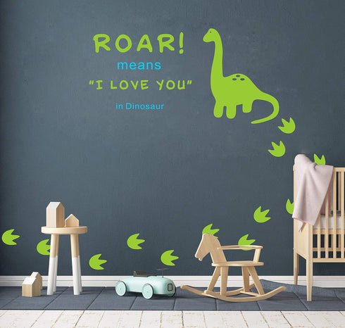 Dinosaur Wall Decal, Roar Means I Love You in Dinosaur with Footprints, Vinyl Stickers for Kids Bedroom