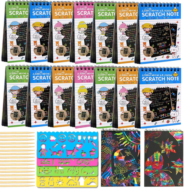 POKONBOY 16 Pack Scratch Arts and Crafts Notebooks, Rainbow Party Favors for Kids Coloring Books and Supplies