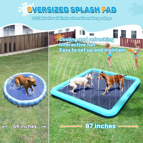 87'' Splash Pad for Dogs, Non-Slip Sprinkler for Kids, Square Splash Pad for Ages 4-8, Outdoor Water Toys