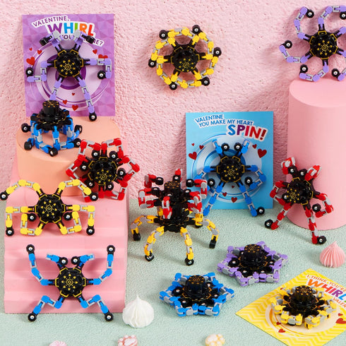 28 Packs 4-Design JOYIN Valentines Day Gift Cards with Fidget Spinners, DIY Chain Robot Fingertip Toys, Deformable