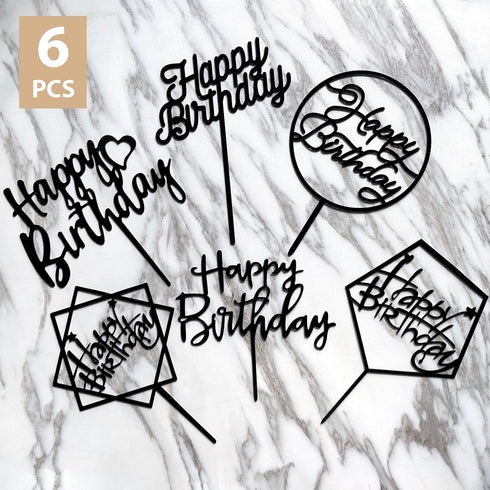 6-Pack Black Birthday Cake Topper Set, Double-Sided Shiny Acrylic Happy Birthday Sign for Party Decorations