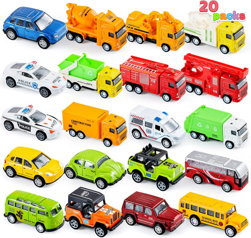 20PCS Set JOYIN Die Cast Pull Back Cars, Metal Toy Cars, Car Toys Bulk, Vehicle for Toddlers, Kids Party Favors, Cake