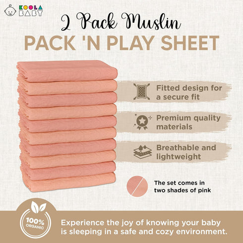 Pack Pack 2 Pack and Play Sheets Fitted - Portable Mini Crib Mattress Sheet for Boys & Girls - Soft Muslin Cotton