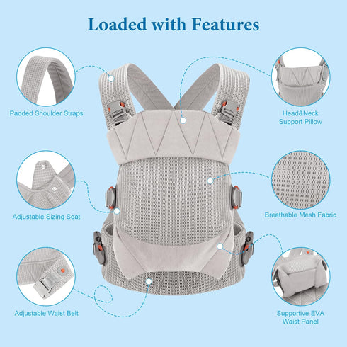 7 45 lbs Breathable Mesh Baby Carrier, Ergonomic Design Baby Wraps Carrier with Head Support and Adjustable Sling