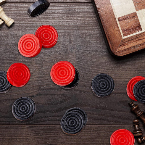 24 Pieces Wooden Checkers - 1.06 Inch Checkers Board Game Pieces in Drawstring Storage Pouch, Red and Black