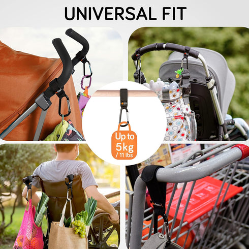 Baby Uma 2-Pack Stroller Hooks for Bags, Universal Clips, Adjustable Carabiner, Carry 11 lbs Each