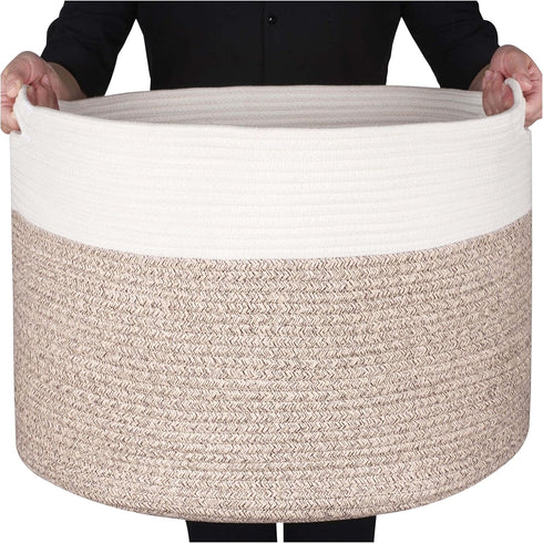MINTWOOD Design Extra Large 22 x 14in Woven Cotton Rope Decorative Blanket Basket for Living Room, Light Brown