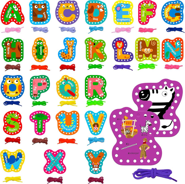 26PCS Kids Lacing Cards - Double Sided Uppercase Sewing Cards with Colorful Laces, Educational Activity Toys