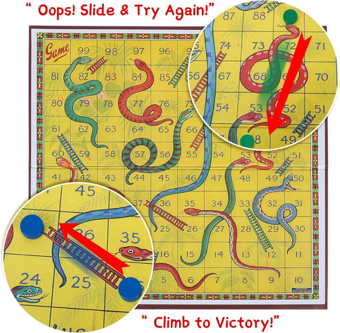Set 2-4 3+ Classic Snakes and Ladders Board Game Foldable Family Board Game with Dice & Pawns, Retro Educational Toy