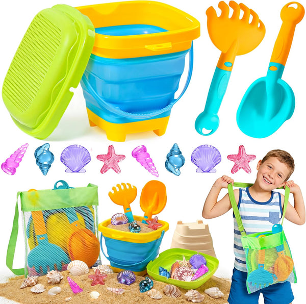 DUDUCOFU Collapsible Beach Sand Toys for Kids Toddlers, Collapsible Sand Buckets Sifter