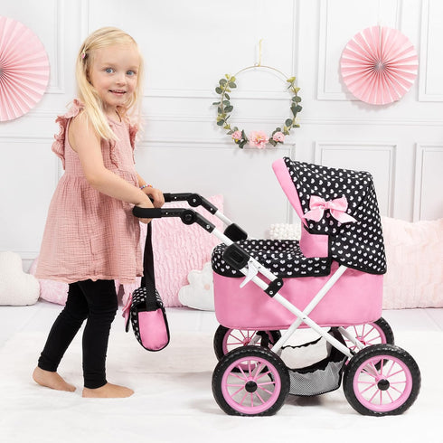 3+ Bayer Foldable Doll Stroller with Storage - Black, Pink & White Hearts Design for Kids