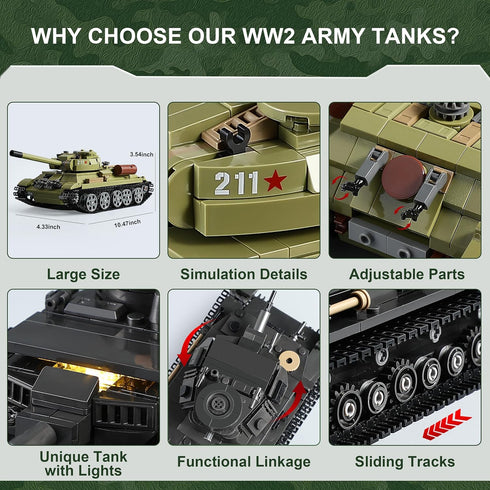 MISTBUY WW2 Sets T-34 8+ (1201 Army Tank Building with Lights, Panzer IV & Military Tanks Model Kit Compatible
