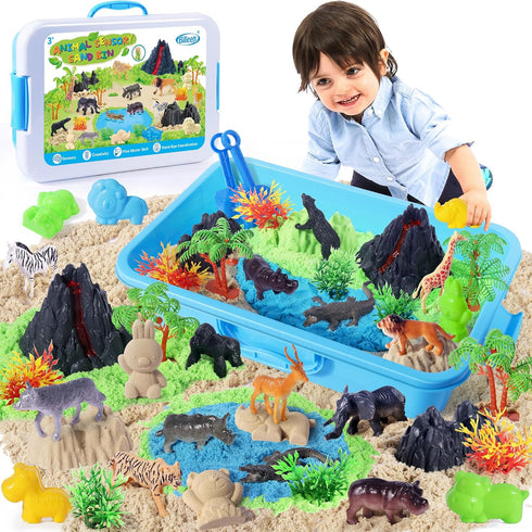 2.2lbs Set 35pcs 3+ Billeeit Animal Sensory Bin Sand Toy, Play Sand Kit w/lid and Moldable Sensory Sand, Molds, Tools