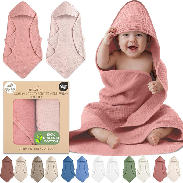 100% Organic Cotton Muslin Baby Hooded Towels 32x32 Inch 2 Pack Soft