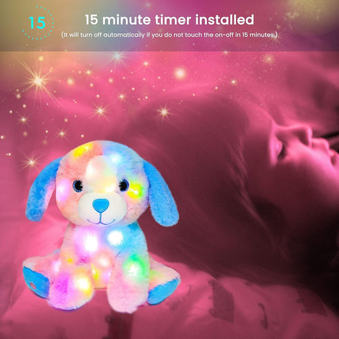 10.5'' Hopearl Colorful LED Plush Puppy Lighting Up Dog Stuffed Animal Floppy Pup Night Lights Glow in The Dark