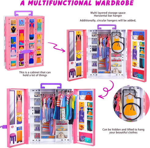 Doll Closet Playset with Doll, 342 Pcs Clothes and Accessories, Princess Dresses, Pants, Swimsuits, and Shoes