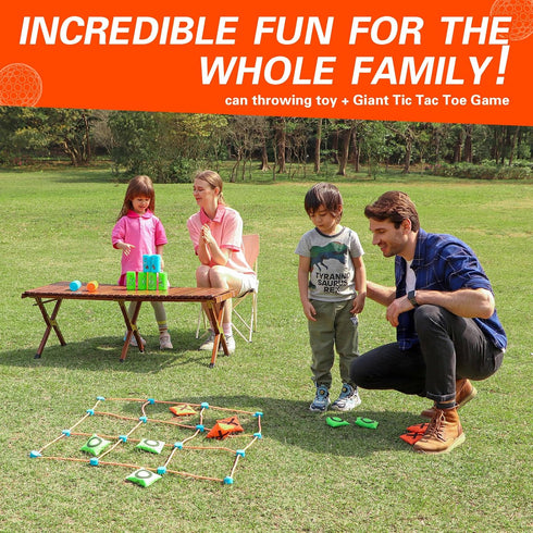 2-in-1 Bean Bag Bottle and Can Throwing Play Set for Outdoor and Indoor Games, Rope Throwing Tic Tac Toe Set