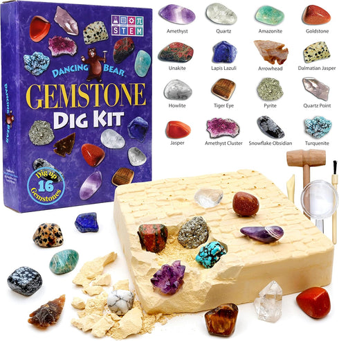 DANCING BEAR Gem Dig Kit - Excavate 16 Gems & Crystals, STEM Education Gift Set for Kids