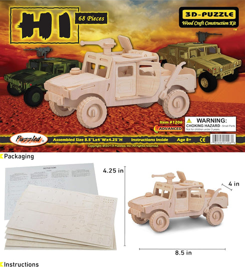 Puzzled 3D Puzzle H1 Truck SUV Wood Craft Construction Model Kit, Fun Unique Educational DIY Wooden Army Toy Assemble