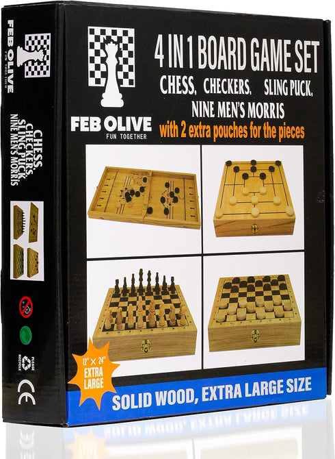 4 in 1 Board Game Set - Extra Large Sling Puck Game, Wooden Chess Board Sets, Checkers for Adults and Kids