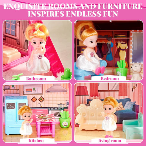 Doll House for Girls, 11 Rooms Dollhouse with Dolls, Puppies, Furniture, LED Light, Toddler Playhouse Gift