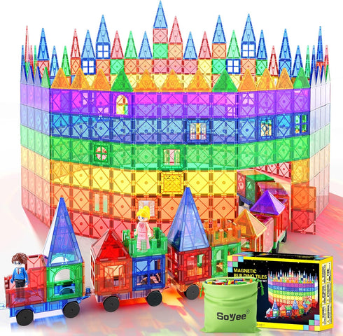 Soyee Magnetic Tiles with 2 Cars, Kids Gifts for 3 Year Old Boys, Educational Toys for Toddlers Age 3-5, Car Train