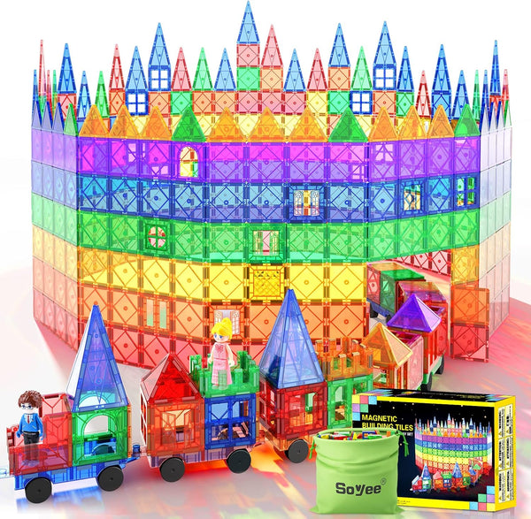 Soyee Magnetic Tiles with 2 Cars, Kids Gifts for 3 Year Old Boys, Educational Toys for Toddlers Age 3-5, Car Train