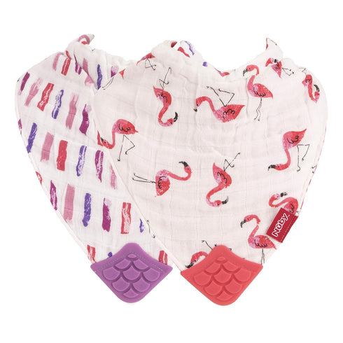 2Piece 2 Count (Pack 1) Nuby Muslin Bandana Bib with Teether, Colors May Vary