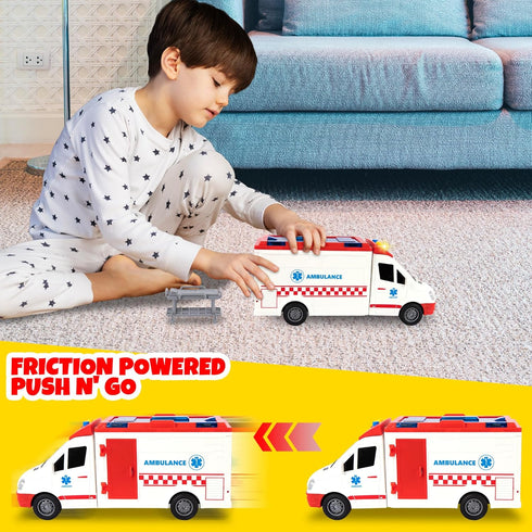 Kids Ambulance Toy Truck 1/16 Scale with Lights & Siren, Friction-Powered Rescue Toy with Removable Stretcher and Open