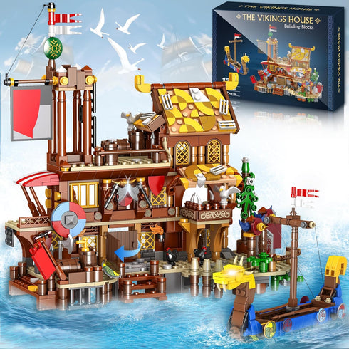 Viking Pirate Ship House Building Block | Medieval Village Set with Dragon Head Ship (1039 Pcs)