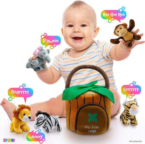 Play22 6-Piece Set Plush Talking Jungle Animals with Carrier for Kids, Babies & Toddlers - Elephant, Tiger, Lion