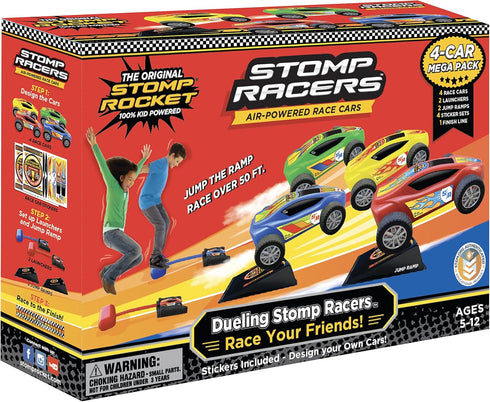 Stomp Racers Air Powered Race Cars, 4 Car Mega Pack for Backyard Outdoor Multi-Player Kids Toys Gifts