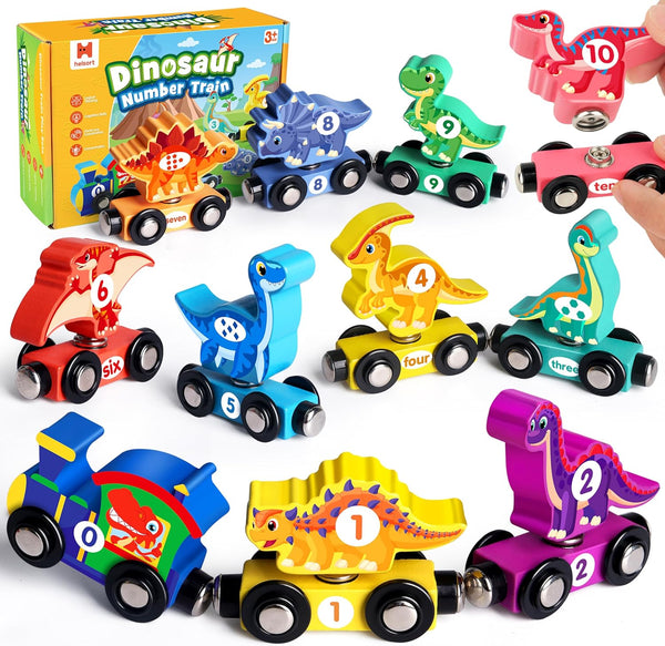 Helsort Wooden Dinosaur Train Set, Magnetic Dinosaur Toys and Number Train for Toddlers,