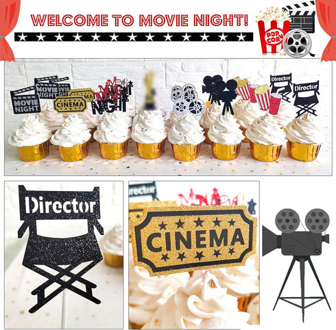 Movie Night Cupcake Toppers Decoration Pack of 24 Glitter Cake Toppers for Birthday Party Baby Shower Theme Supplies