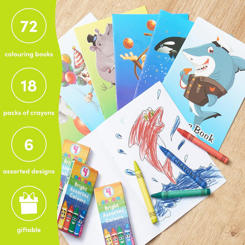 Pack 72 18 4-8, THE TWIDDLERS - Bundle of Mini Coloring Books with Boxes of Crayon | Crayons Party Favors for Kids Ages