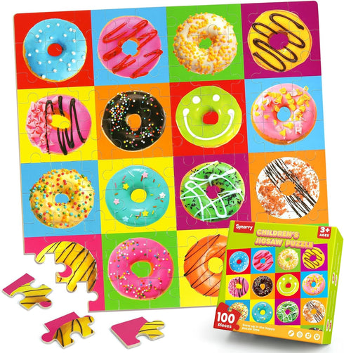 SYNARRY 100 Piece Wooden Puzzles for Kids Ages 4-8, Donuts Jigsaw Puzzle, Educational Toys for Children