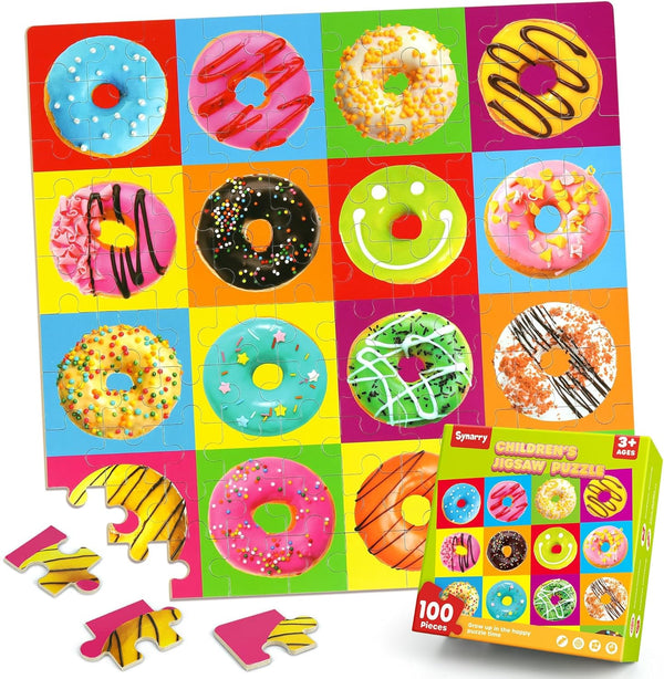 SYNARRY 100 Piece Wooden Puzzles for Kids Ages 4-8, Donuts Jigsaw Puzzle, Educational Toys for Children