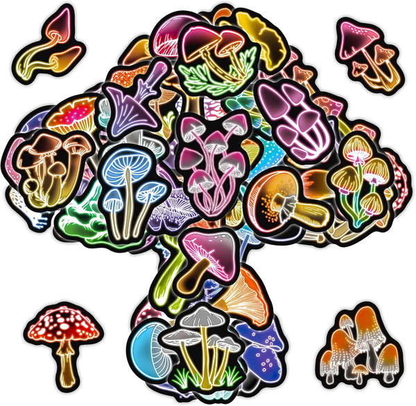 50 Pcs Fantasy Neon Mushroom Water Bottle Stickers, Waterproof Vinyl Mushroom Plant
