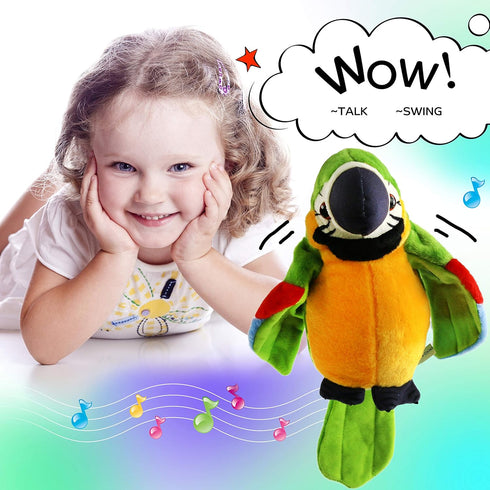Houwsbaby 9'' Green Electronic Musical Talking Parrot Plush Toy, Interactive Recording Stuffed Animal for Kids
