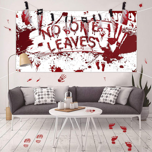 Halloween Scary Decorations Set: Horror Banner, No One Leave Backdrop, Bloody Footprints, Handprints Floor Clings,