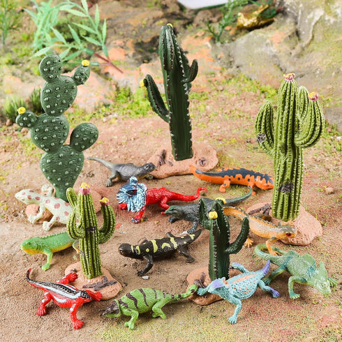 Lizard Toys Figures, 17 Pcs Desert Reptiles Figurines Model Trees Kit Desert Diorama Supplies with Animal Toys Playset for Cake Toppers Kids Gift