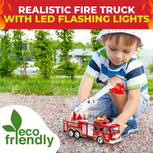 3-7+ Toysery Fire Truck Toy with Flashing Lights & Siren Sounds for Kids, Extendable Rotating Ladder, Bump and Go