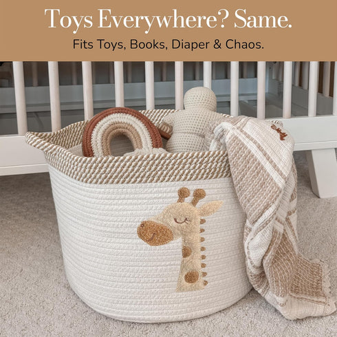 15x11 Giraffe Storage Basket for Nursery Large Cotton Rope Bin with Soft Felt Animal Patch Toy Organizer, Baby Laundry