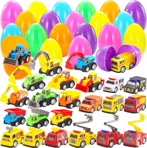 JOYIN 24 Pcs Filled Easter Eggs with Pull Back Construction Cars, Prefilled